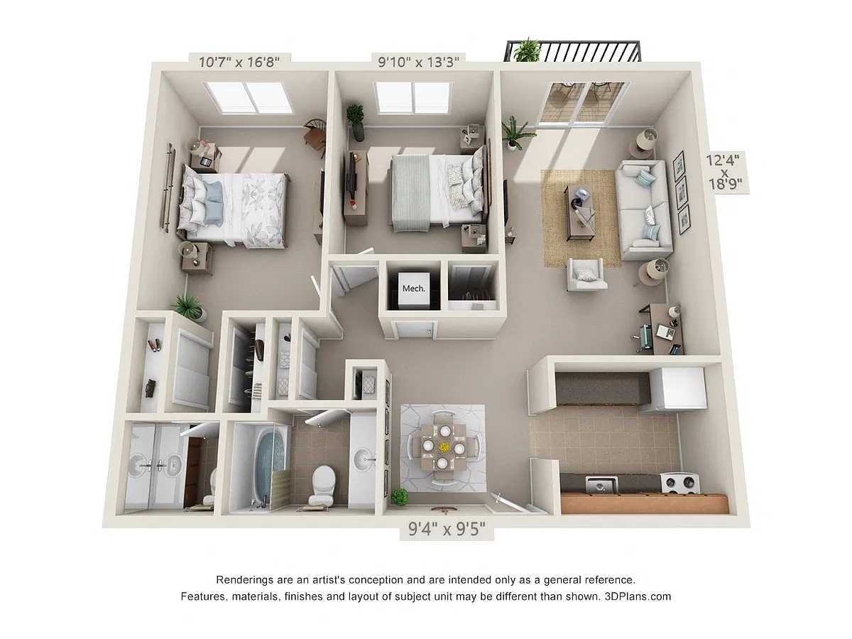 Floor plan 2 Bedroom, 1 1/2 Bath 938 (Balcony)