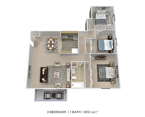 Floor plan Three Bedroom - 1,012 sqft