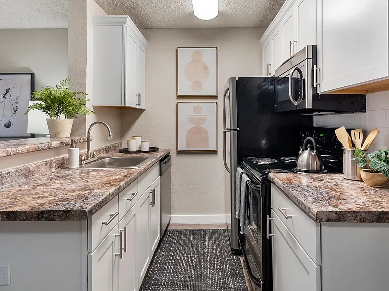 Our galley-style kitchens are designed for efficiency and convenience, with modern upgrades and stainless steel appliances. Cook up your favorite meals with ease in your new kitchen!