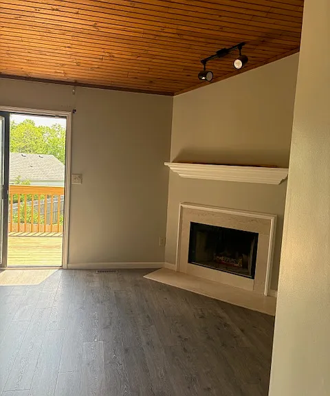 fireplace, hearth, new sliding glass doors to deck