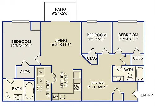 Floor plan Three bedroom 2 bath apartment "A"