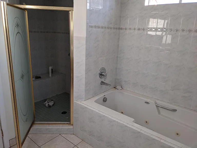 Master shower (including bench) and jacuzzi tub.