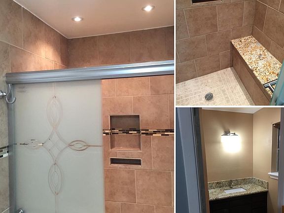 Master bath, large shower with bench, granite countertop
