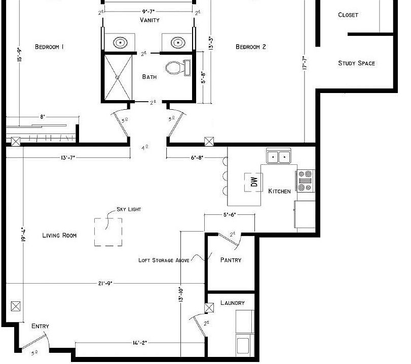 Floor Plan 2 bedroom 1 bath condo