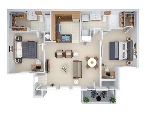 Floor plan 2 BED, 2 Bath w Balcony (erb1)