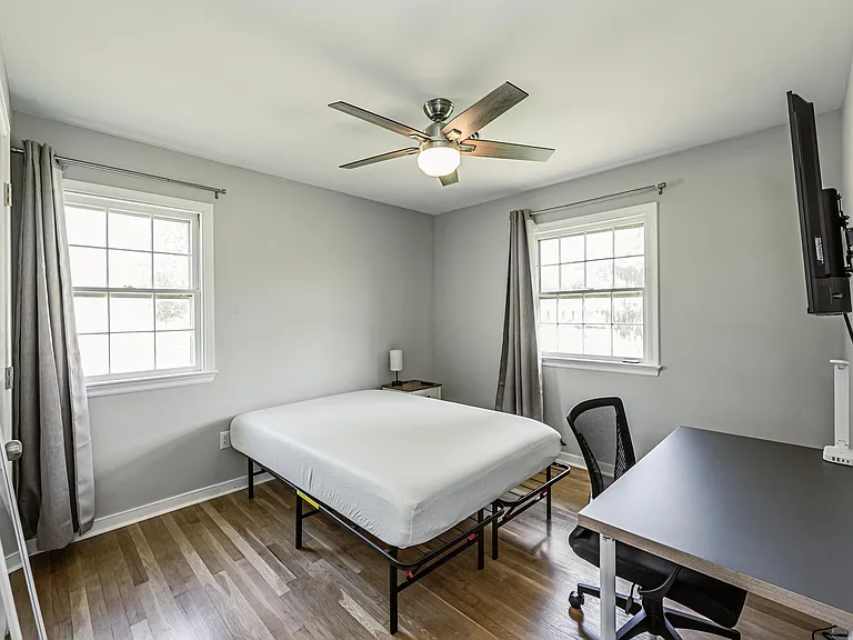 Private bedroom with two windows, ceiling fan, and laminate floors, furnished with a bed, nightstand, desk, and wall-mounted