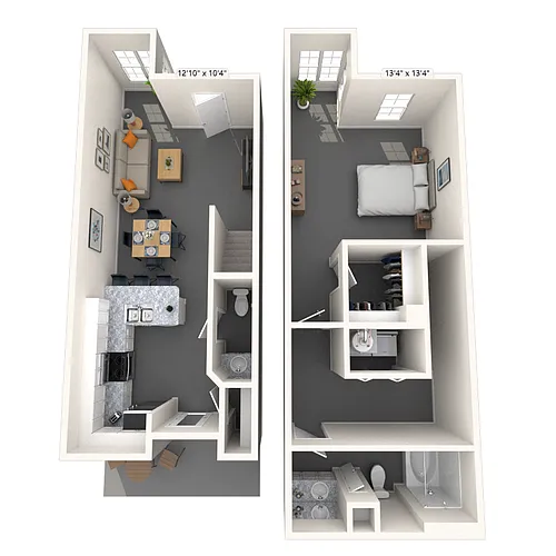 Floor plan Dual Level 1x1.5 910 SF