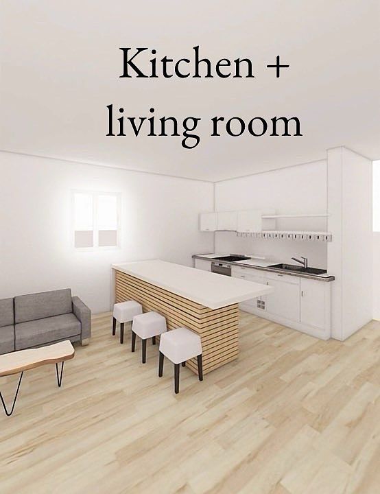 a mock up photo displaying kitchen + living room layout