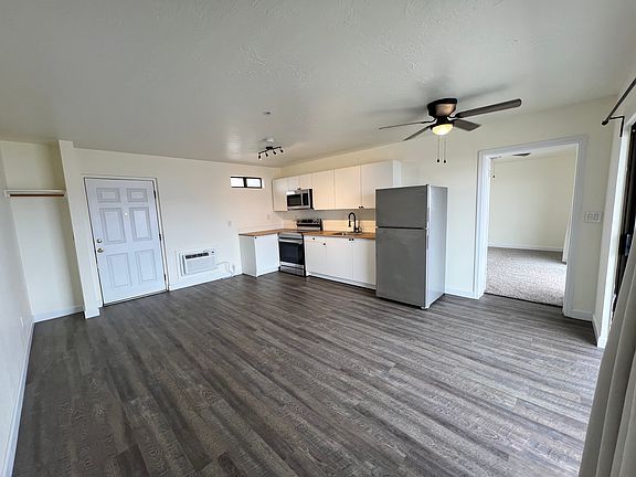 kitchen, dining, living area