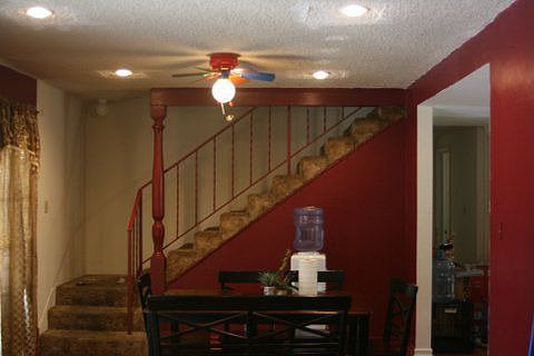 stairs to second floor and new fixture lights