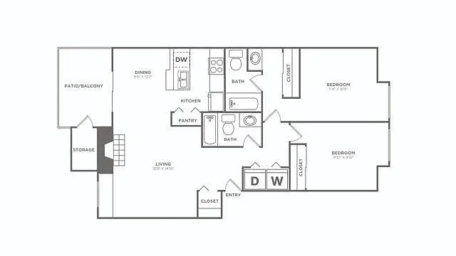 Floor plan Two Bedroom / Two Bath (984 SF) Renovated