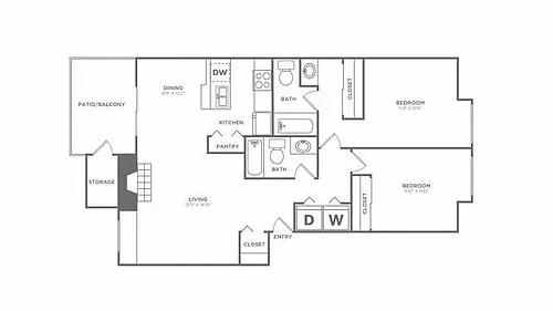 Floor plan Two Bedroom / Two Bath (984 SF) Renovated
