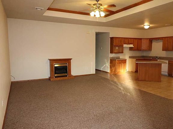 Living room, kitchen, gas log fireplace, island, stove, dish