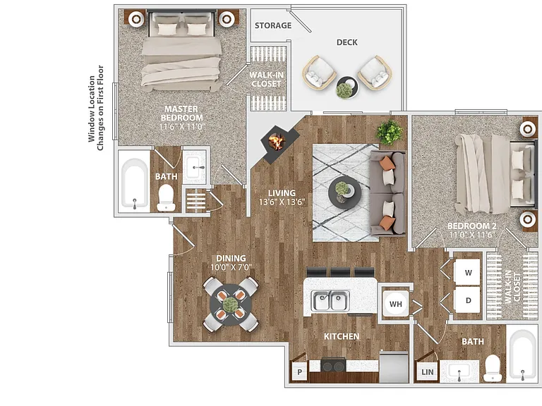 Two bedroom layout with private baths and separated sleeping areas