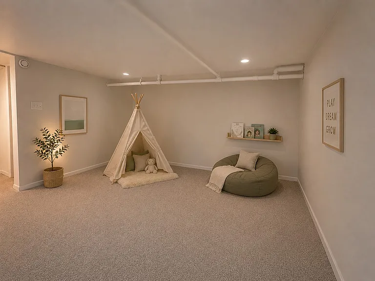 Recreation space in lower level, virtually staged