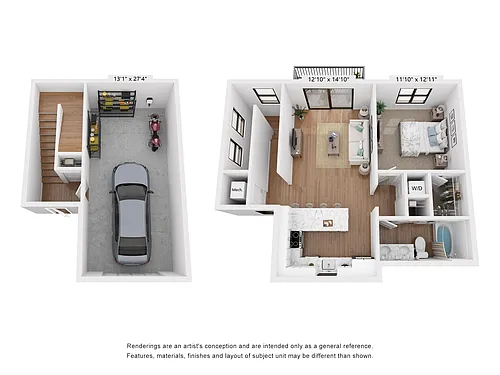 Floor plan One-Bedroom Carriage House With 1-Car attached gar