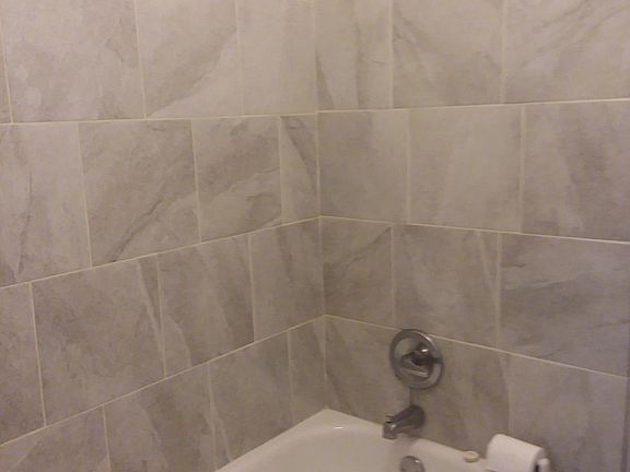 Bath with newly-tiled shower.