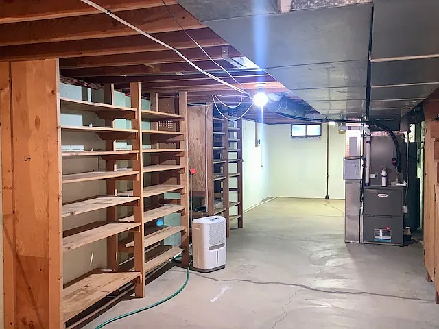 Basement with built in storage shelves
