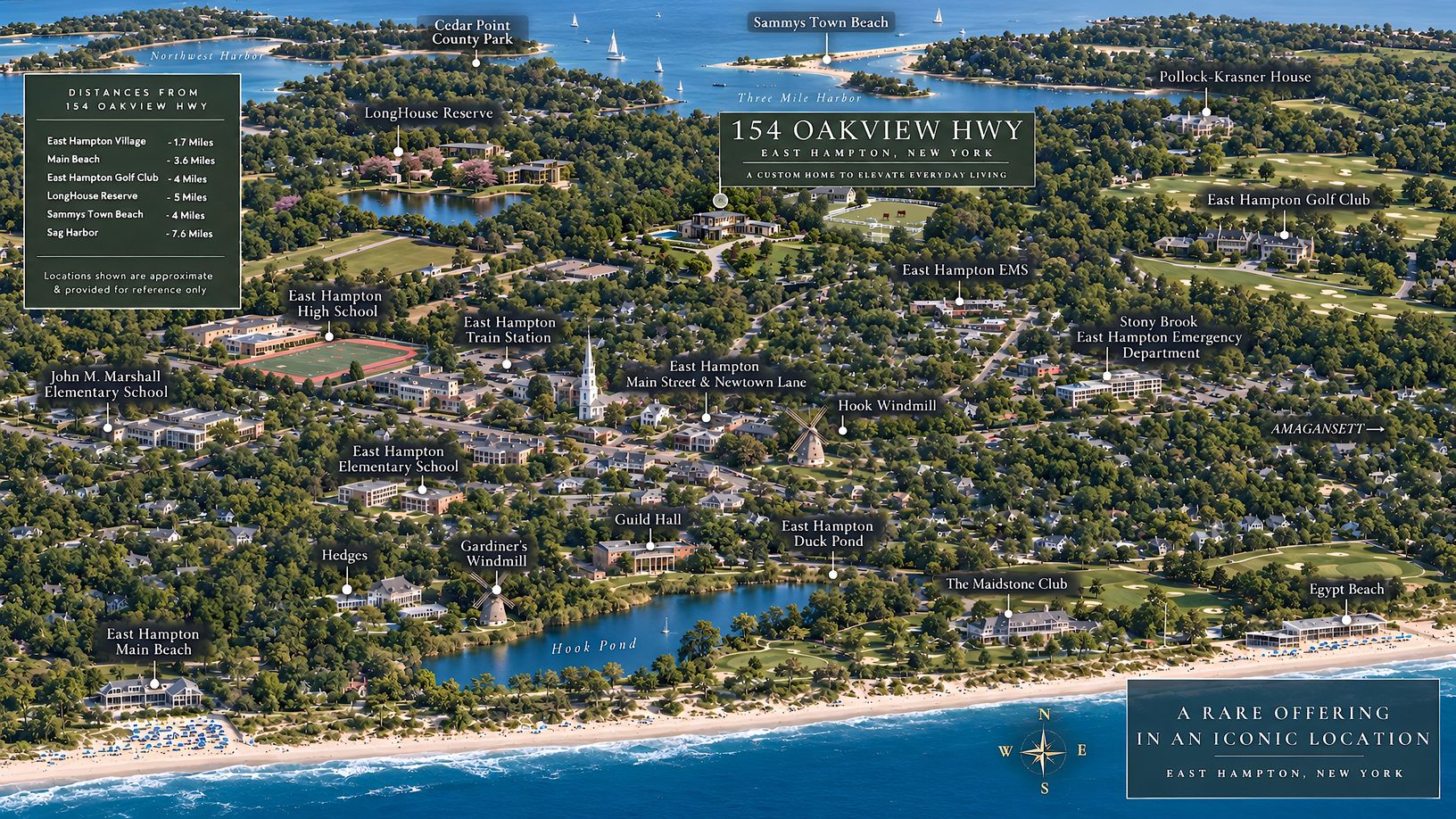 A rare offering in one of East Hampton’s most distinguished settings. Locations are approximate.