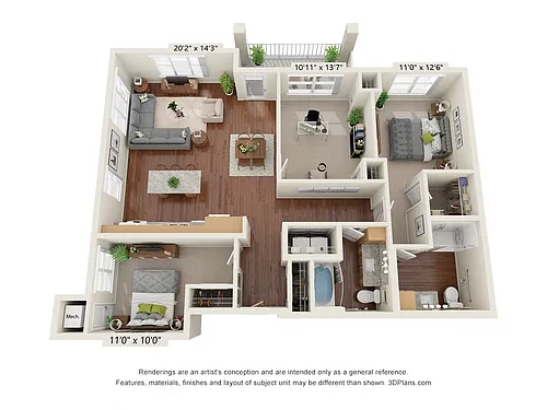 Floor plan Three Bedroom 3A (Wheelchair Accessible)
