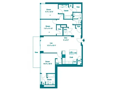 Floor plan Three Bedroom Three Bath (1523 SF)