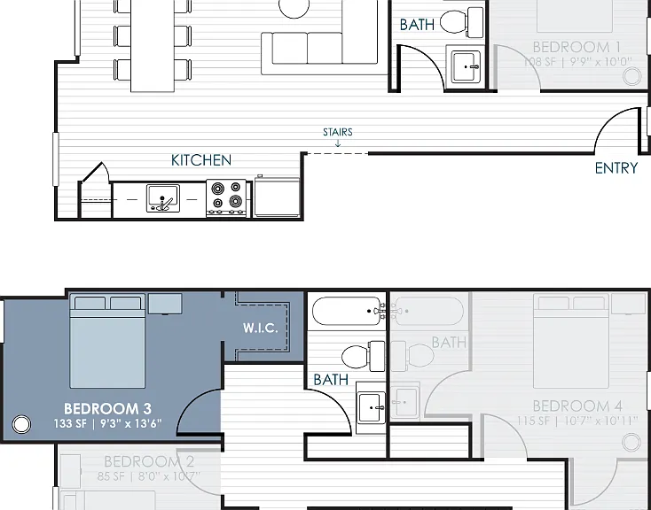 4-Bedroom CoLiving Rowhome: Bedroom 3 & Private Bathroom Floorplan Diagram