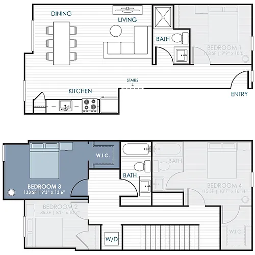 Floor plan 4-Bedroom CoLiving Rowhome: Bedroom 3 & Private Ba