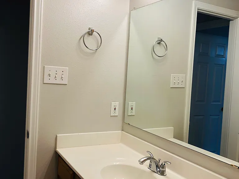 Guest vanity. Bathroom has shower and bath tub combo.