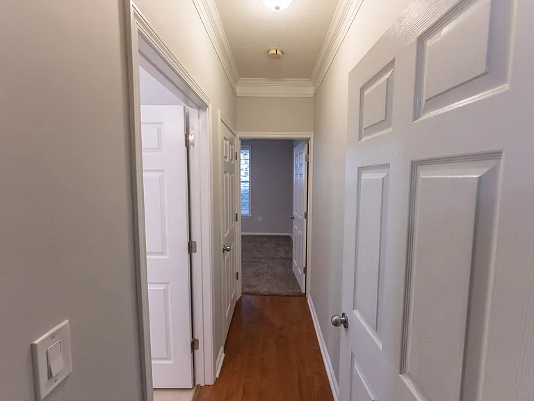 small hallway to the 2nd bedroom and bathroom with linen closet