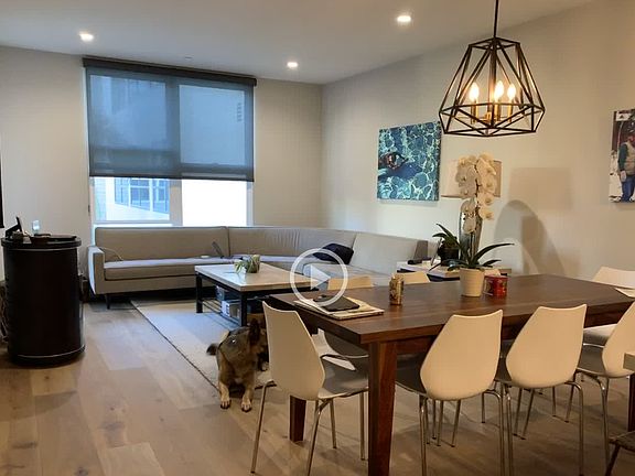 Roller privacy blinds, real hardwood flooring, open concept living room.