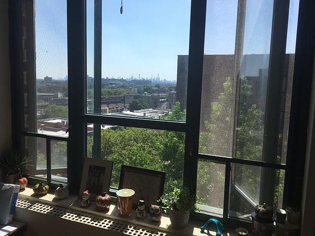 Living room view. Manhattan in the background.