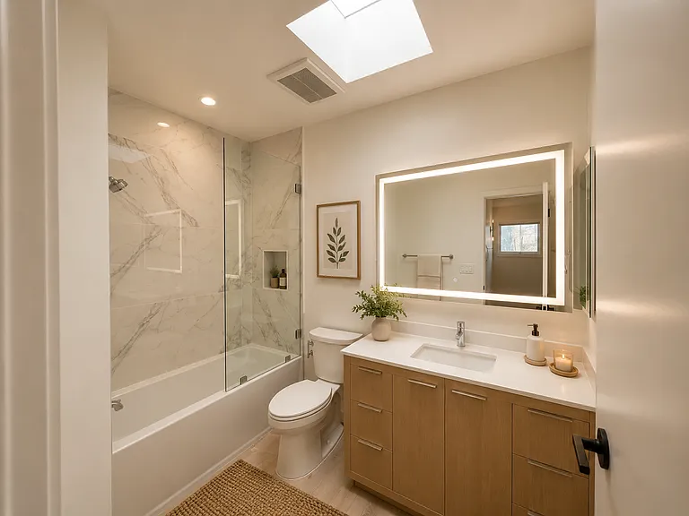 Bathroom with large soaking tub/shower with frameless glass enclosure and LED mirror
