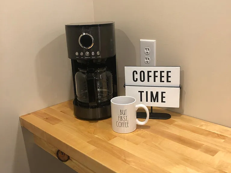 Extended counter works great for a coffee station and microwave or change it up and utilize this space as a small office area.