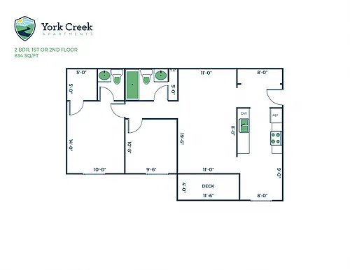 Floor plan 2 Bed, 1.5 Bath - 834 sq ft