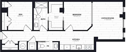 Floor plan 1 Bed/1.5 Bath JR Den-AJD15