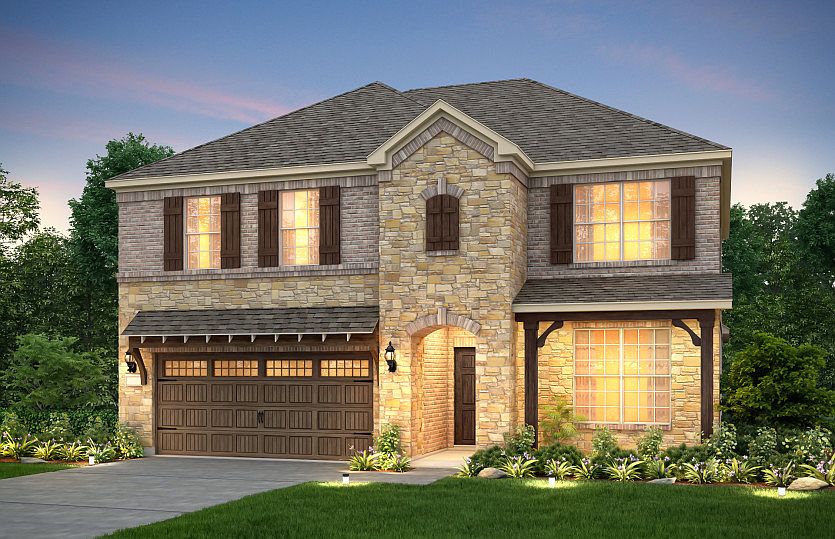 The Caldwell, a two-story home with covered front porch and 2-car garage, shown as Home Exterior D