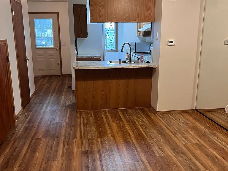 Looking into the kitchen from the living room.