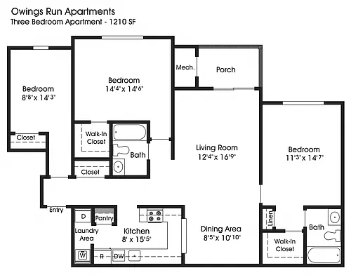 Floor plan 3BR 2BA (1210sf)
