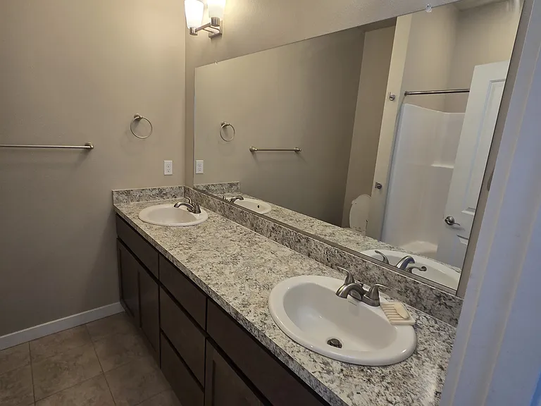 Master bath - shower, two sinks, toilet. Ample storage. What more could you ask?