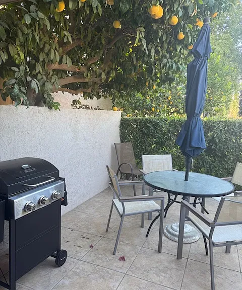 Patio with BBQ and seating.