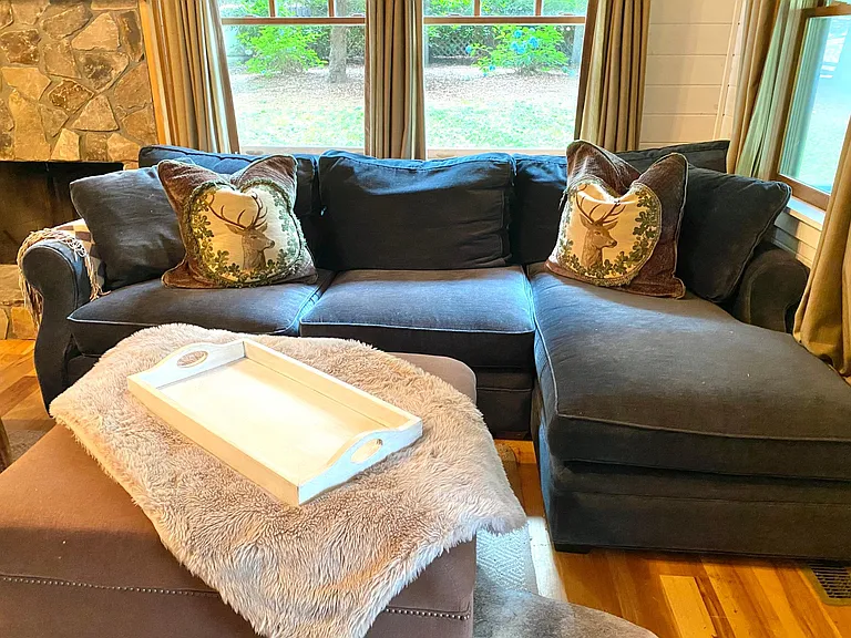 Super comfy velvet-ish, dark blue couch.