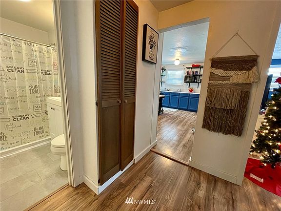 Hall storage looking toward kitchen, bath on left