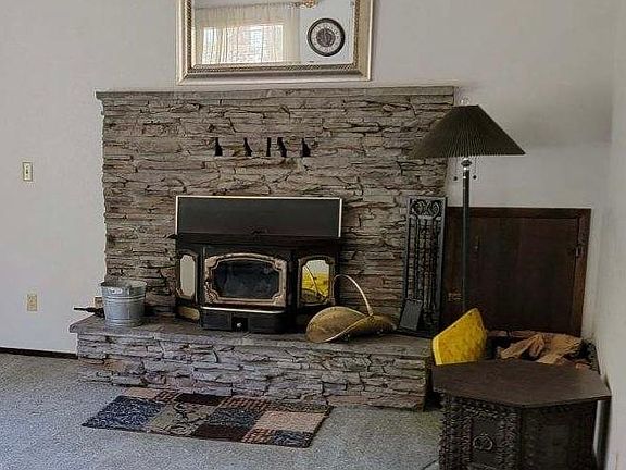 Wood stove fireplace insert in living room.