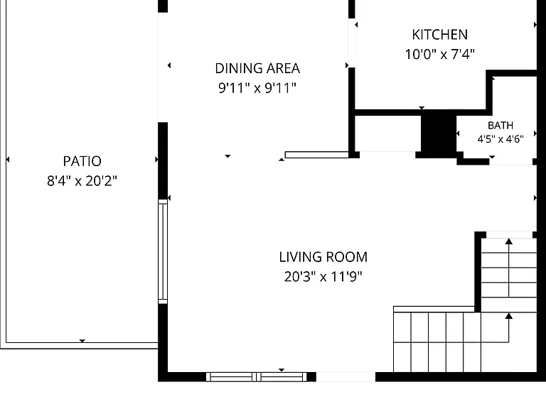 Main floor - this space includes the living room, dining area, and kitchen with a spacious patio that has southeast sunny exposure