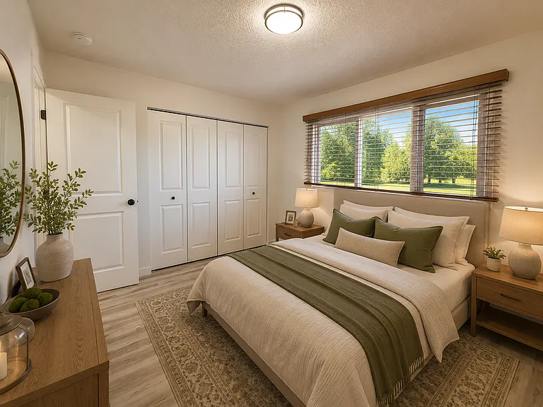 West Bedroom with views of the park. Digitally staged. Apartment not furnished.