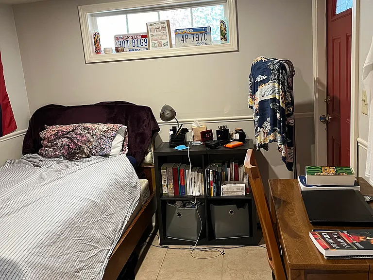 bedroom comes with bed and desk.