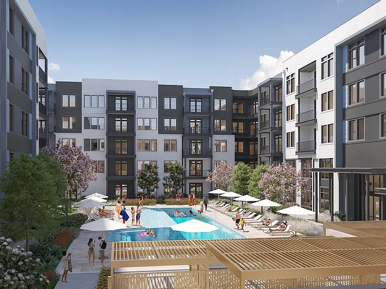 On-site amenities including pool, sundeck, and bbq grills (Rendering)