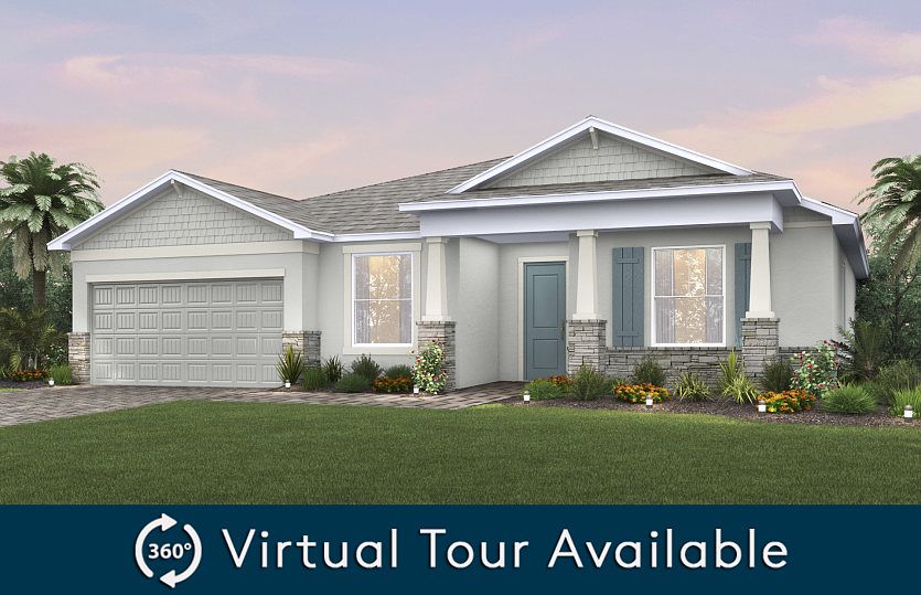 The Palm, a single-story home with a 2 car garage, shown with Home Exterior C2A