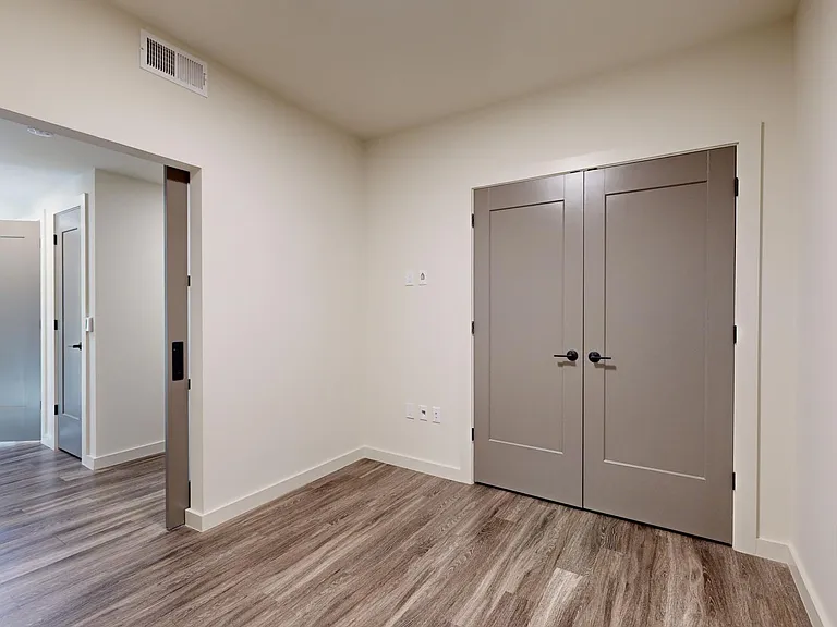 Spacious apartment bedroom with large closet and wood-style flooring.