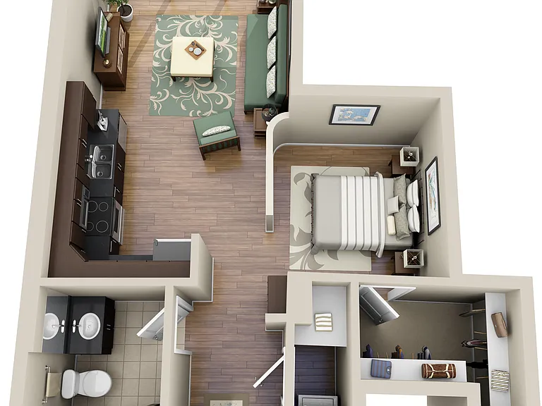 571-606 square foot studio apartment with 1 bath and luxury vinyl tile floors